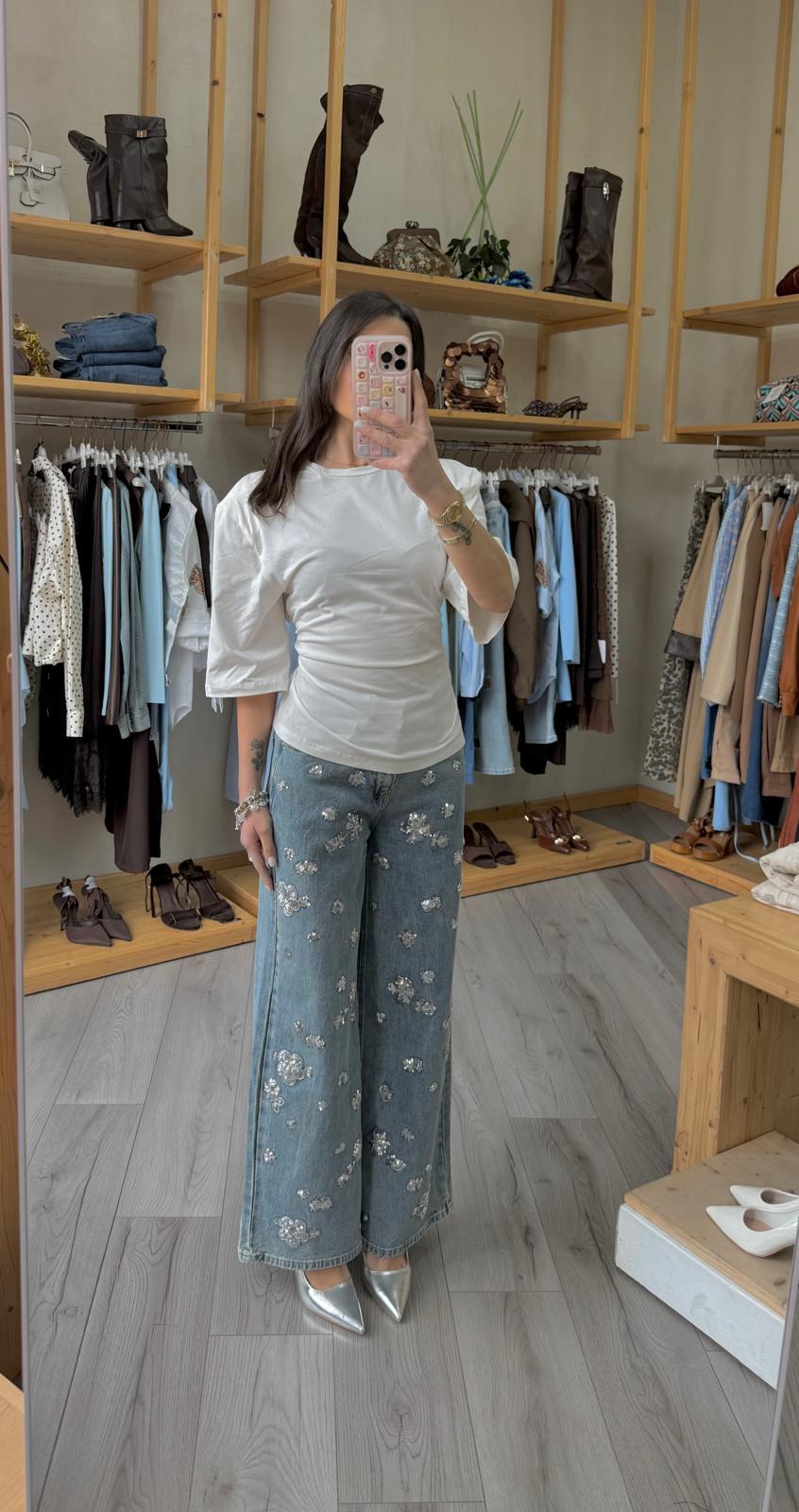 Denim flower paillettes